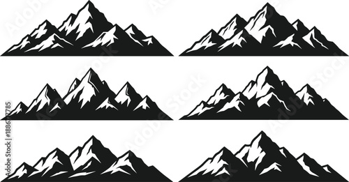Set of six minimalist black and white mountain silhouettes with snowy peaks, ideal for nature branding, outdoor design, adventure themes, and scenic illustrations.