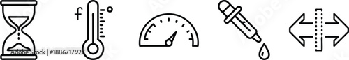 Time, Temperature, and Scientific Measurement Icons Set with Hourglass, Fahrenheit Thermometer, Gauge, Dropper, and Vertical Resize Arrows transparent background