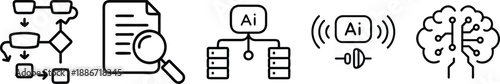 Collection of AI and data science icons: workflow, analysis, AI models, and neural networks for technology transparent background