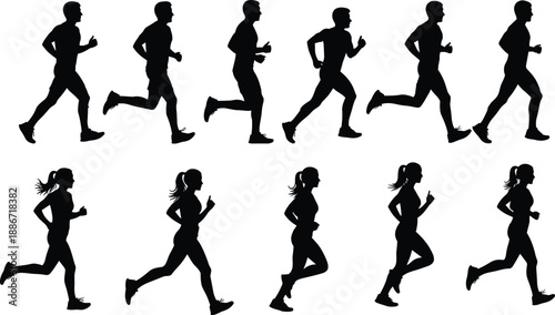Silhouettes of male and female runners in motion, showcasing dynamic running cycle, athletic form, and biomechanics for sports training, animation, and fitness concepts.