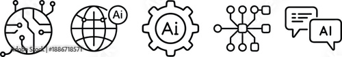 AI and global technology icons: circuits, globe with AI, gear, network, and chat bubbles for communication transparent background