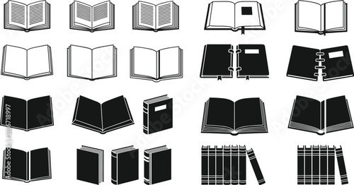 Book icon set silhouettes, open and closed books collection, library education concept, reading study symbols, black white vector illustration