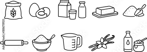 Set of black line icons representing bakery and dessert products including bread, croissant, cupcake, cake slice, pretzel, donut, rolling pin, wheat, ice cream cone, and pie. Minimalist outline icon s