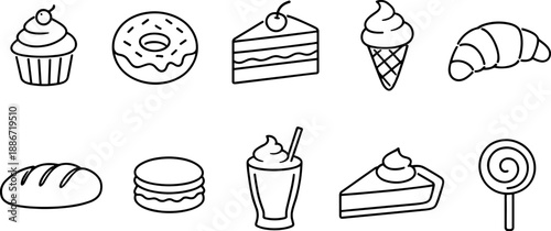 Set of black line icons representing bakery and dessert products including bread, croissant, cupcake, cake slice, pretzel, donut, rolling pin, wheat, ice cream cone, and pie. Minimalist outline icon s
