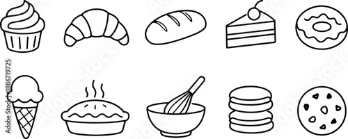 Set of black line icons representing bakery and dessert products including bread, croissant, cupcake, cake slice, pretzel, donut, rolling pin, wheat, ice cream cone, and pie. Minimalist outline icon s