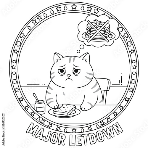 Major Letdown Sad Cartoon Cat Illustration Showing Disappointment, Emotional Frustration, Broken Expectations, Comfort Food Failure and Negative Mood in Line Art Style