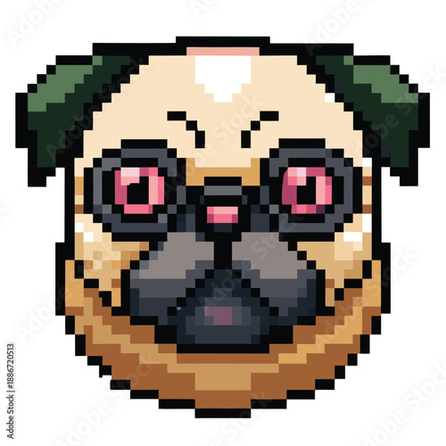 Charming Pixel Art Pug Dog Head Vector Illustration with Grumpy Expression and Dark Green Ears
