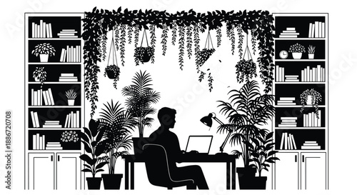 Home office silhouette, man working on laptop, indoor garden workspace, bookshelf decor, remote work lifestyle, modern interior, black and white illustration