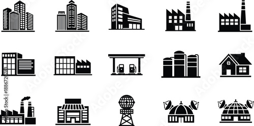 Industrial building silhouettes set, factory, warehouse, refinery, power plant, urban architecture icons, black vector, isolated construction, infrastructure collection, design