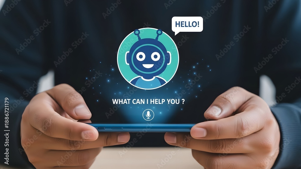 Naklejka premium Person interacting with a digital assistant on a smartphone screen