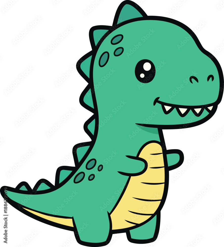 Obraz premium A cartoon green dinosaur with a big smile and sharp teeth standing in a simple white background from a slightly angled viewpoint