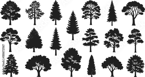 Collection of black tree silhouette icons featuring pine and deciduous varieties isolated on white background for nature design and stock graphics