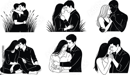 Romantic couple illustration set, loving embrace poses, intimacy moments, modern love art, relationship emotions, affection, dating, passion, vector design