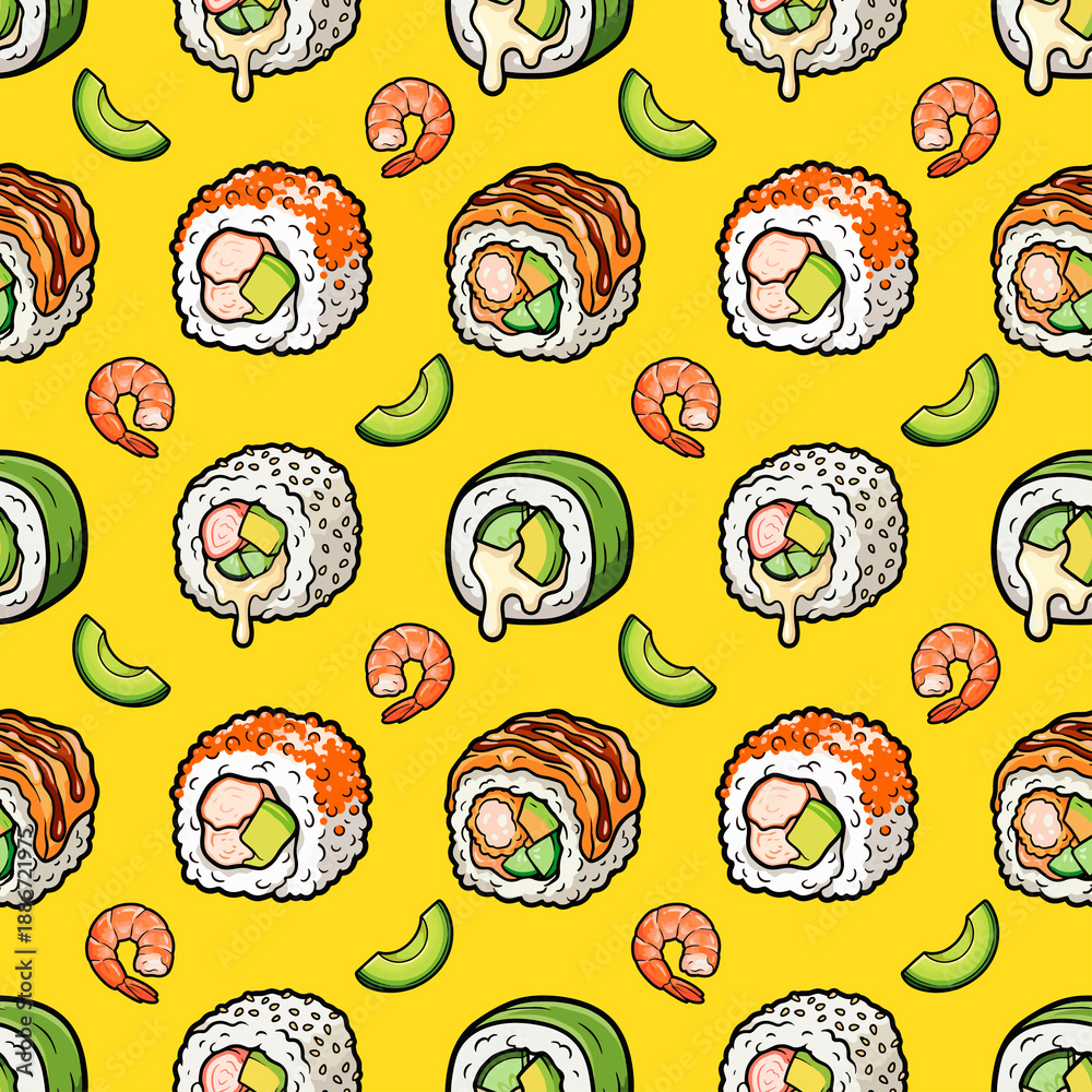 Fototapeta premium Sushi roll japan street fast food with seafood and rice salmon and cheese vector illustration. Japanese food pattern background, sushi sashimi ramen cute icon seamless pattern.
