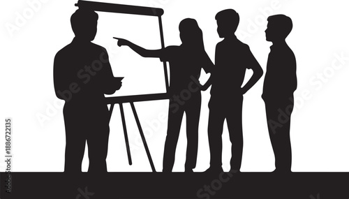 Four people discussing presentation on flip chart silhouette