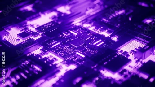 Abstract close up of illuminated circuit board with digital technology