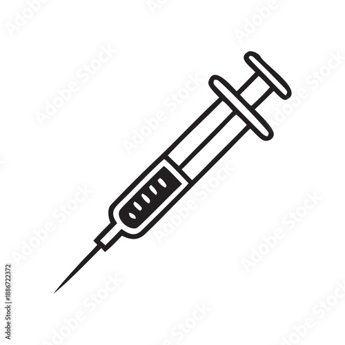 Minimalist black and white line art icon of a medical syringe used for injection and vaccination