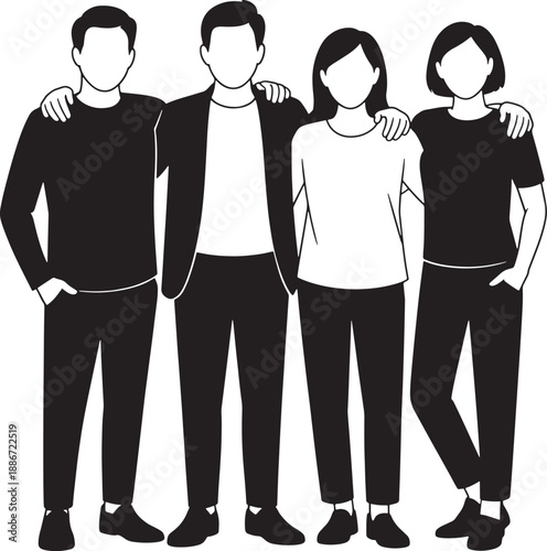 A group of four people standing closely together arms linked in a simple illustration