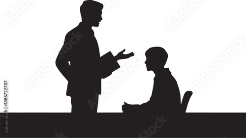 Minimalist black and white silhouette of man teaching child with book