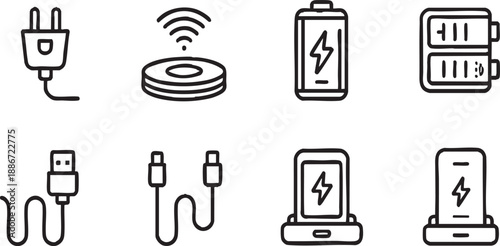 Charging and Power Line Icons Set with Battery, USB, and Wireless