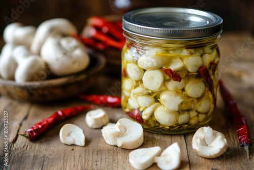 Gourmet canned mushrooms with hot pepper web image