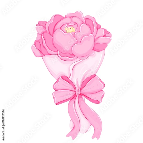 Wallpaper Mural Beautiful pink peony flower bouquet wrapped in paper with a ribbon bow, kawaii floral illustration Torontodigital.ca