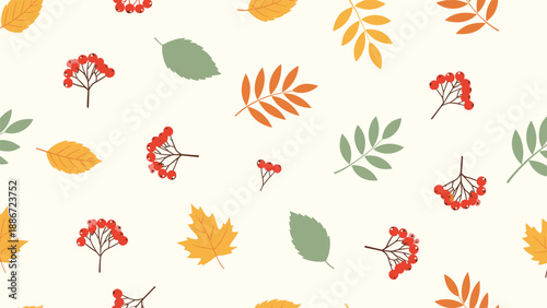 Delicate seamless pattern showcasing autumn leaves and red berry clusters on a light background for seasonal holiday decorations.
