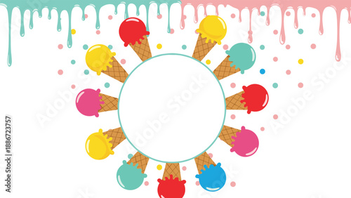 Colorful ice cream wreath with various cones and scoops around a white circle with pink and blue dripping sauce at the top.