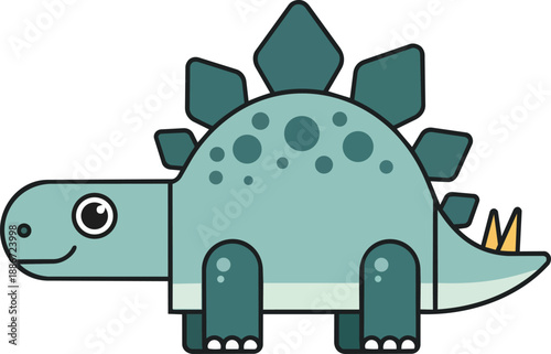 A cartoon stegosaurus standing alone on a plain background viewed from the side with a friendly expression