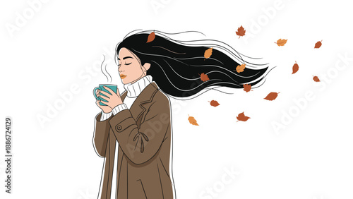 Beautiful woman in a winter coat enjoys a hot drink while autumn leaves blow through her long dark hair on a white background.