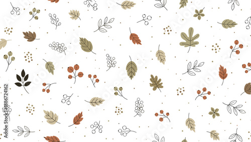 Delicate seamless pattern features tiny autumn leaves and berries in neutral earthy tones for minimalist seasonal design.