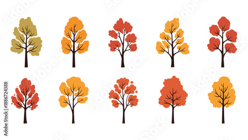 Collection of ten stylized autumn trees in different shapes and fall colors for seasonal landscape design and illustration.