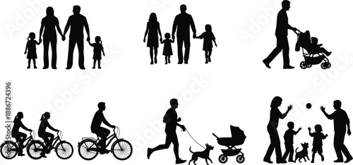 Family people silhouette set showing parents and children walking, cycling, stroller, dog walking and playing activities, black lifestyle vector icons isolated on white background