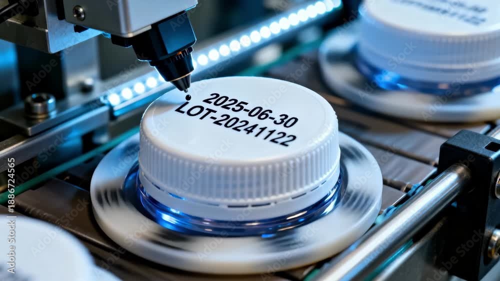 Printer Code Shape Closeup of automated inkjet printer marking precise expiry dates and ...