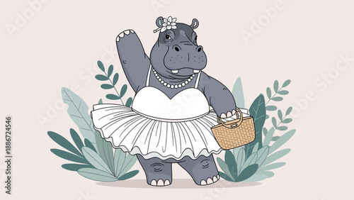 Adorable hippo character dressed as a ballerina in a white tutu and pearl necklace carrying a wicker bag amidst tropical green leaves.