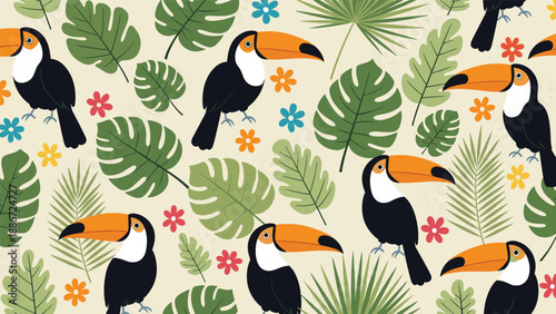 Vibrant seamless pattern featuring tropical toucans, exotic monstera leaves, palm fronds, and colorful flowers on a light beige background.