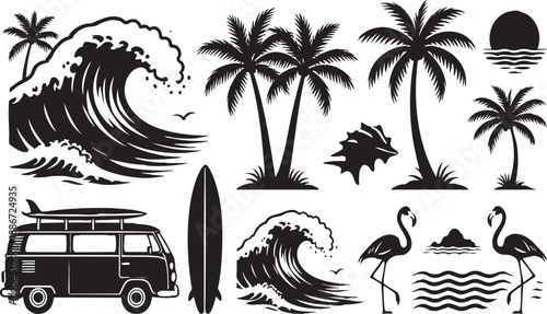 Tropical Beach Surf Vector Silhouette Graphic Set