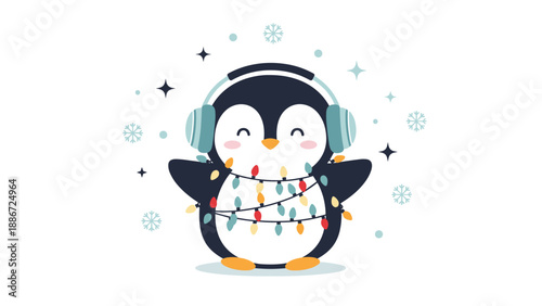 Adorable cartoon penguin wearing light blue earmuffs and wrapped in a string of colorful Christmas lights during a light snowfall in winter.