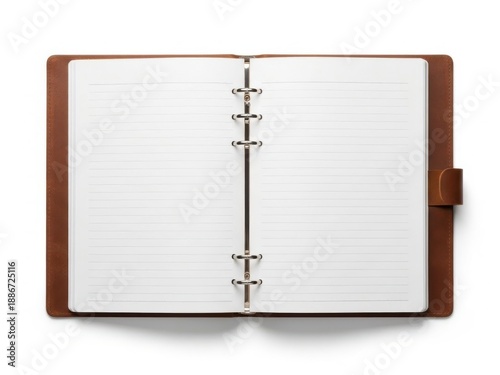 Open leather-bound notebook with blank pages