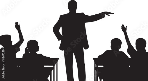 Silhouette of a person speaking to an audience with raised hands