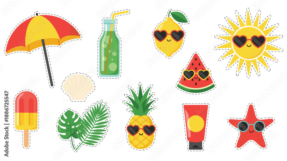 Fototapeta premium Adorable set of summer themed stickers featuring smiling characters like sun, pineapple, and watermelon wearing heart shaped sunglasses.