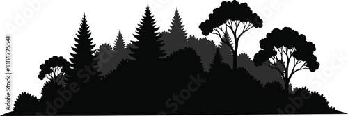 Layered forest silhouette landscape with pine and deciduous trees against white sky minimalist nature background for design and stock use