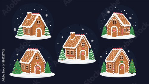 Charming collection of gingerbread houses decorated with snow and colorful candies set in winter snow globes on a dark blue background.