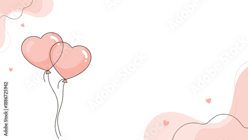 Romantic frame featuring two pink heart shaped balloons and small floating hearts with soft pink organic shapes on a white background.
