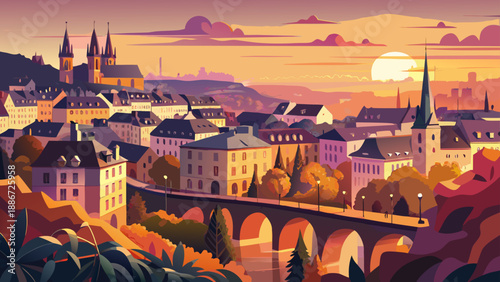 Very beautiful sunset view of Luxembourg City with warm golden light illuminating historic buildings, deep valleys, and layered city architecture creating a calm and elegant European atmosphere.