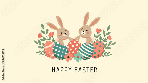 Two adorable Easter bunnies sitting among colorful decorated eggs and spring flowers on a soft cream background with celebratory text.