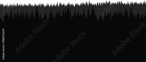 Layered pine forest silhouette horizon with dark foreground and distant trees creating minimalist wilderness landscape background for stock design