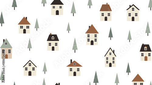 Simple illustration of a village or neighborhood with various small houses and pine trees scattered across a plain white background.