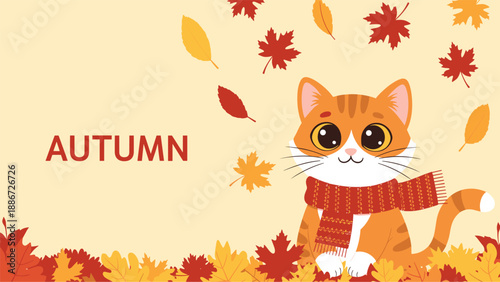 Cute ginger cat wearing a red and orange striped scarf sitting on a bed of fallen autumn maple leaves under a rain of foliage.