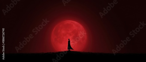 Minimalist Silhouette of a Figure Against a Red Moon Background